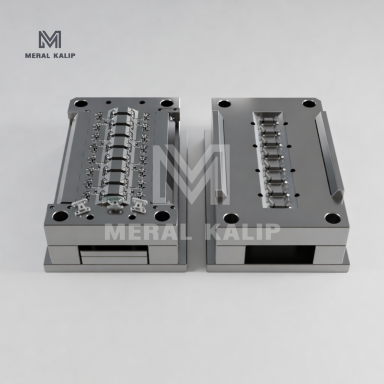 تفاصيل الأجزاء الداخلية للقالب المعدني ونظام الطرد المستخدم في حقن البلاستيك.