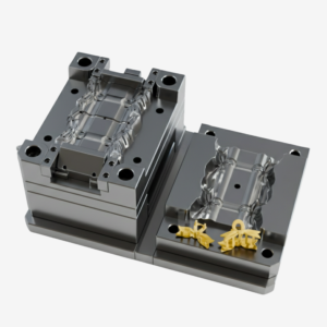 تصميم وتصنيع قوالب حقن بلاستيك عالية الدقة، قالب فولاذي مفتوح يعرض تجاويف التشكيل وقطعتين بلاستيكيتين بلون أصفر ناتجتين عن عملية الحقن.