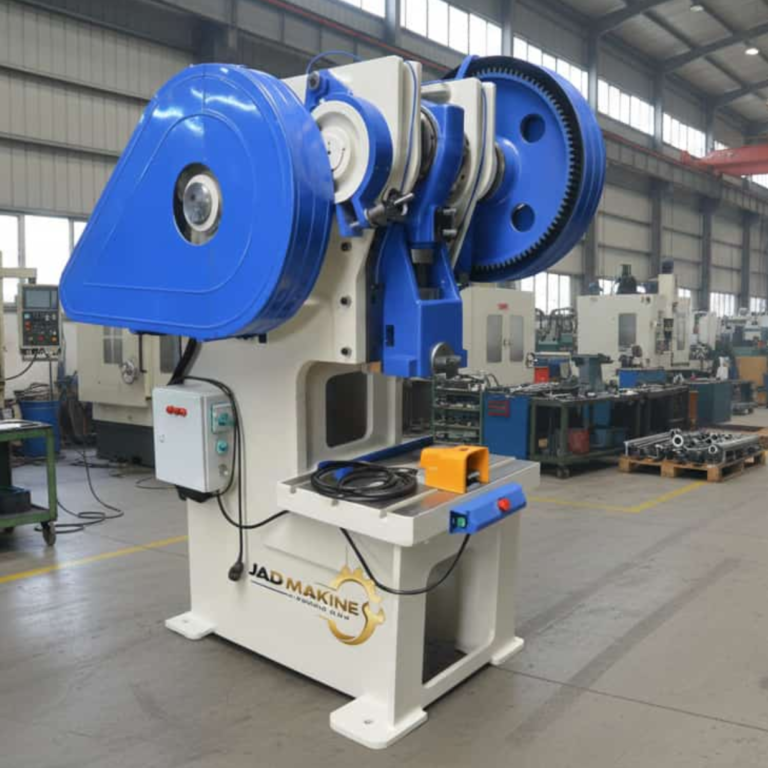 مكبس أكسنتريك ميكانيكي قوي باللونين الأبيض والأزرق من جاد ماكينة، يظهر بوضوح التروس ونظام التشغيل بالقدم، مثالي لورش تشكيل المعادن والاسطمبات.