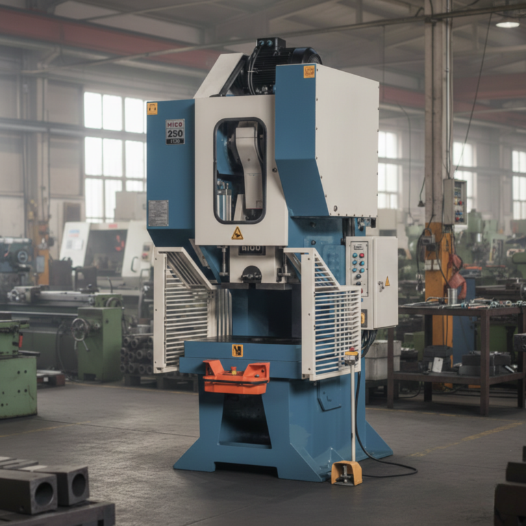 مكبس أكسنتريك (Eccentric Press) صناعي متطور من طراز MICO بقوة ضغط 250 طن، يظهر في بيئة تشغيل حقيقية مع نظام حماية شبكي ولوحة تحكم رقمية ودواسة تشغيل بالقدم
