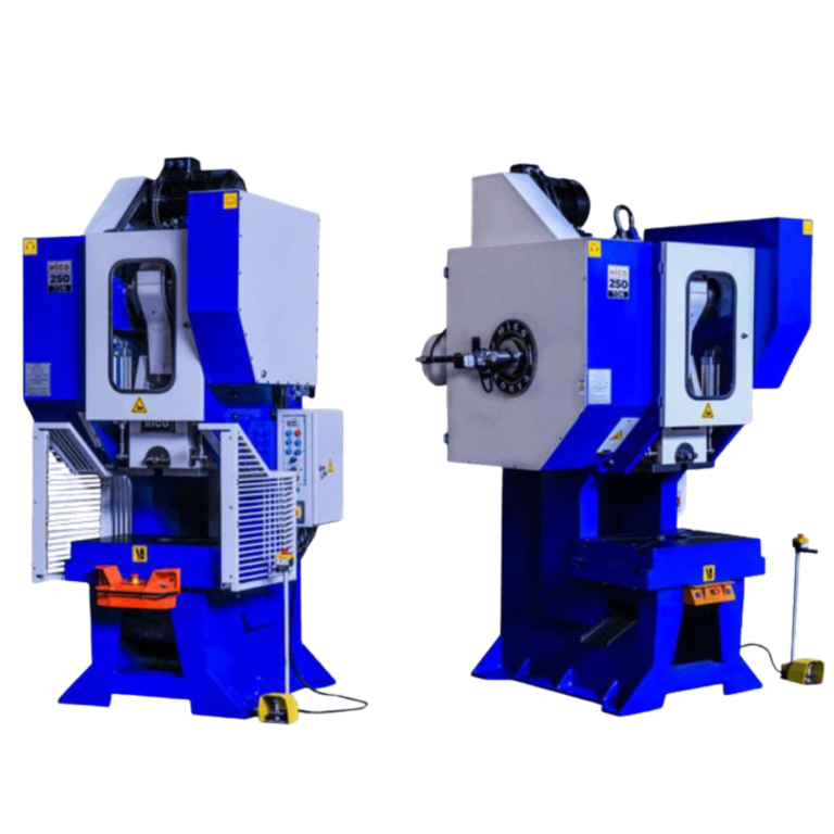 مكبس أكسنتريك صناعي عالي القدرة بلون أزرق ورمادي، يظهر من زاويتين مختلفتين لتوضيح الهيكل المتين ونظام التحكم، مخصص لعمليات كبس وتقطيع وثني المعادن
